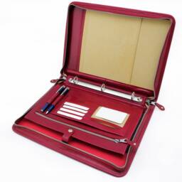 Leather Business Portfolio Case, Red Folio Cover For A4 & Letter Size Paper Carrying, Writing Zipper Case With 3 Ring Binder - thumbnail 2
