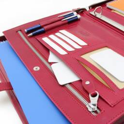 Leather Business Portfolio Case, Red Folio Cover For A4 & Letter Size Paper Carrying, Writing Zipper Case With 3 Ring Binder - thumbnail 3