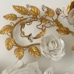Wall Lamp Gold Leaf White Porcelain Roses & Crystals 3 Lights Over The Mirror Bathroom - thumbnail 4