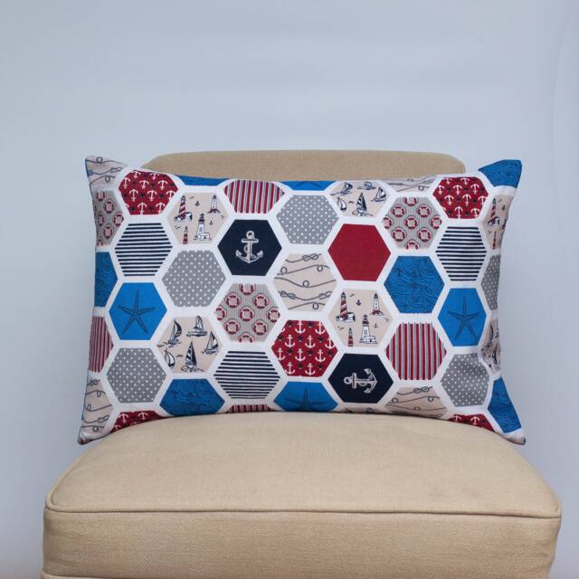Nautica Marine Print Xl Rectangular Cushion. Geometric Hexagon Nautical Design With Starfish, Lighthouse & Boat Motifs. 23X15 - image 1