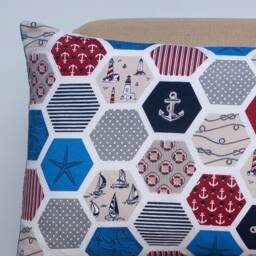 Nautica Marine Print Xl Rectangular Cushion. Geometric Hexagon Nautical Design With Starfish, Lighthouse & Boat Motifs. 23X15 - thumbnail 3