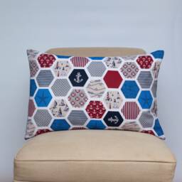 Nautica Marine Print Xl Rectangular Cushion. Geometric Hexagon Nautical Design With Starfish, Lighthouse & Boat Motifs. 23X15 - thumbnail 1