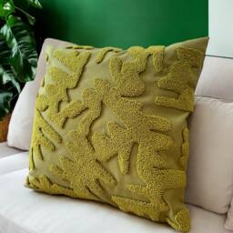 Olive Green Punch Needle Pillow Cover Handmade Embroidered Cushion - 45x45 cm - thumbnail 3