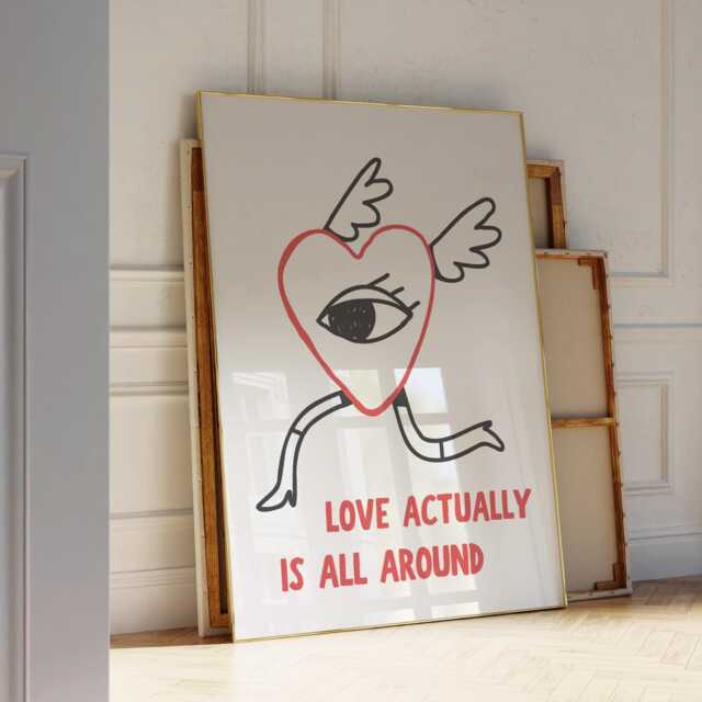 Love Actually Is All Around Art Print Poster, Heart Retro Illustration, Mid Century Print, Boho Art, Funky Quirky Poster - image 1