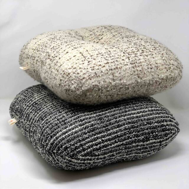 Minimalist Decorative Cushion Handmade in France Round Rounded 45x45cm Black White Tweed Haute Couture House Sheep Wool Leather Button - image 1