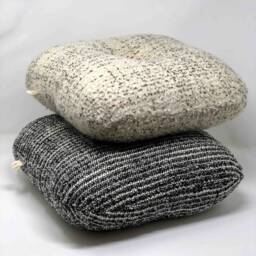 Minimalist Decorative Cushion Handmade in France Round Rounded 45x45cm Black White Tweed Haute Couture House Sheep Wool Leather Button