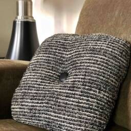 Minimalist Decorative Cushion Handmade in France Round Rounded 45x45cm Black White Tweed Haute Couture House Sheep Wool Leather Button - thumbnail 2