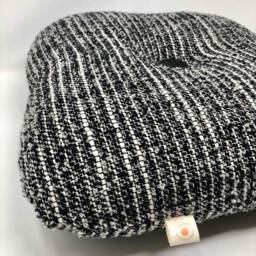 Minimalist Decorative Cushion Handmade in France Round Rounded 45x45cm Black White Tweed Haute Couture House Sheep Wool Leather Button - thumbnail 3