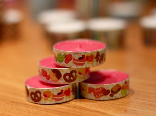 3 Tea Light Candles Decorated With Tape in Colourful Pattern Of Sweets, Candy, Pretzels, Cake & Doughtnuts - image 1