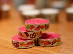 3 Tea Light Candles Decorated With Tape in Colourful Pattern Of Sweets, Candy, Pretzels, Cake & Doughtnuts - thumbnail 1