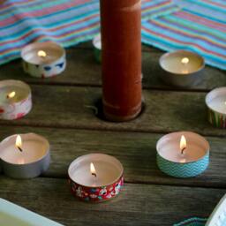 3 Tea Light Candles Decorated With Tape in Colourful Pattern Of Sweets, Candy, Pretzels, Cake & Doughtnuts - thumbnail 3