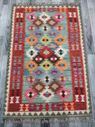 Multicolour Rug, Handmade Artisan Afghan Turkish Scandinavian Navajo Bohemian Flatweave Wool Kilim 153x101 cm - thumbnail 1