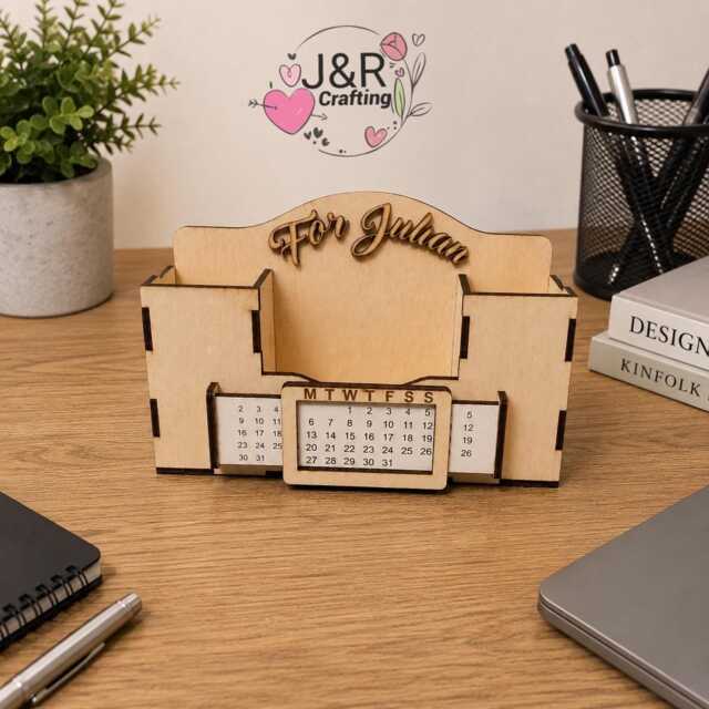 Personalised Wooden Perpetual Calendar Desk Organiser, Custom Pen Holder, Teacher Gift, Office Organizer, Gift For Him - image 1