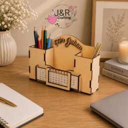 Personalised Wooden Perpetual Calendar Desk Organiser, Custom Pen Holder, Teacher Gift, Office Organizer, Gift For Him - thumbnail 4