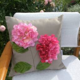 Pink Hydrangea Flower Pillow Cover Gray Outdoor Throw Cushion - thumbnail 2