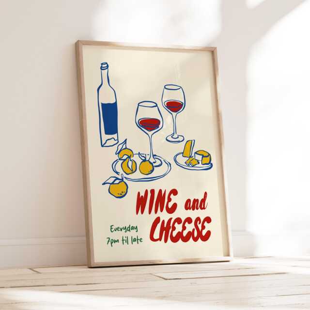 Wine & Cheese Club Print - Wall Art For Lover Navy Kitchen Dining Room Trendy Green Beige Gallery - image 1