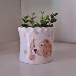 Handmade Cavalier King Charles Pottery Planter Hand-Painted Dog Decor - thumbnail 1