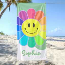 Personalized Rainbow Sun Smiley Face Beach Towel, Custom Name Summer Vacation Gift, Signature Towel For Kids, Beach Towel - thumbnail 2