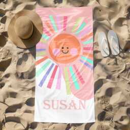 Personalized Rainbow Sun Smiley Face Beach Towel, Custom Name Summer Vacation Gift, Signature Towel For Kids, Beach Towel
