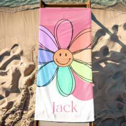 Personalized Rainbow Sun Smiley Face Beach Towel, Custom Name Summer Vacation Gift, Signature Towel For Kids, Beach Towel - thumbnail 3