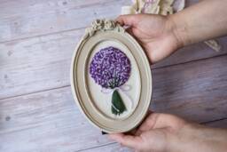 Hand Embroidered Wall Art Purple Flower Bouquet in Oval Frame Romantic Linen Decor Unique Gift For Her
