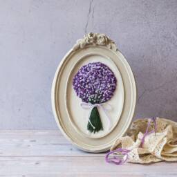 Hand Embroidered Wall Art Purple Flower Bouquet in Oval Frame Romantic Linen Decor Unique Gift For Her - thumbnail 2