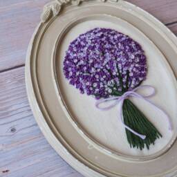 Hand Embroidered Wall Art Purple Flower Bouquet in Oval Frame Romantic Linen Decor Unique Gift For Her - thumbnail 3