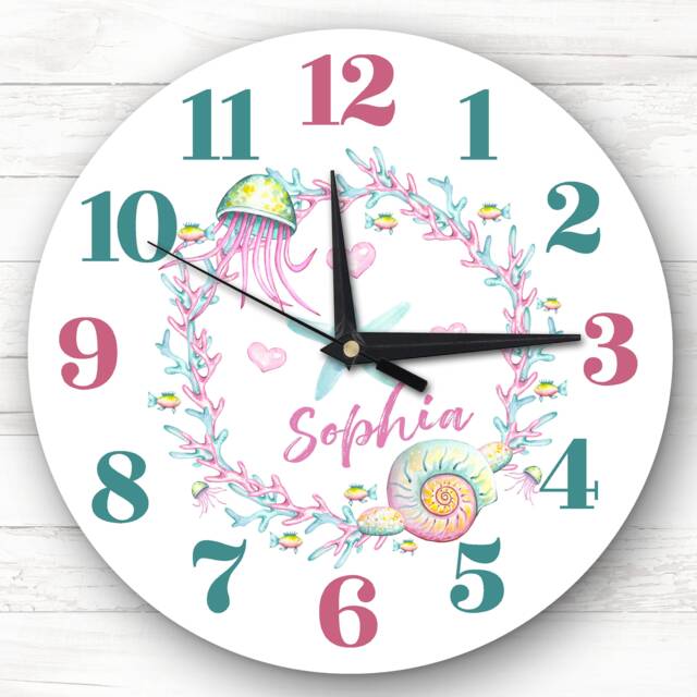 Girls Room Pink & Green Sea Life Custom Gift Personalised Clock - image 1