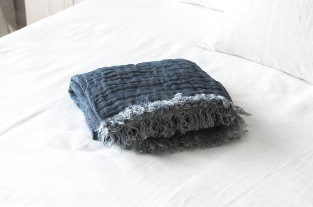 Softened Linen Throw Blanket With Fringes in Denim Blue/Double Sided Bed Runner/Soft Stonewashed Bedspread - image 1
