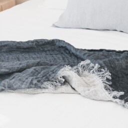 Softened Linen Throw Blanket With Fringes in Denim Blue/Double Sided Bed Runner/Soft Stonewashed Bedspread - thumbnail 3