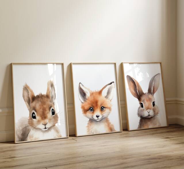 Woodland Nursery Prints, Decor, Wall Art, Set Of 3 Animals - image 1