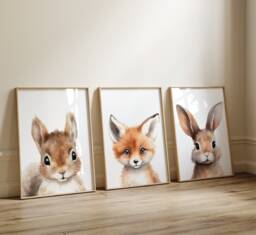 Woodland Nursery Prints, Decor, Wall Art, Set Of 3 Animals - thumbnail 1