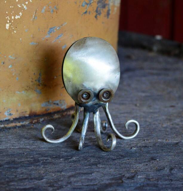 Spoon Octopus Silverware Small Sculpture Vintage Silver Fork & Spoon Metal Art Silverplated Animal Handmade - image 1
