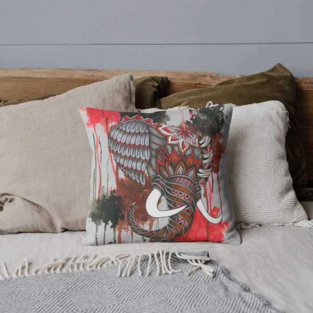 Elephant Cotton Pillow - Animal Tribal Art Royal Drawing Watercolor Painting Home Decor Gray Black Back - image 1