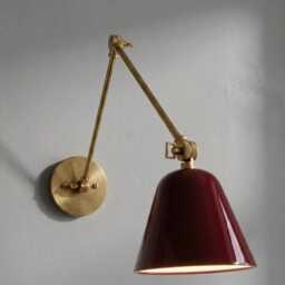 Mid Century Modern Wall Lamp Red Shade Brass Swing Arm Adjustable Articulating Bedside Reading Light Retro Fixture Sconce - thumbnail 2