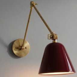Mid Century Modern Wall Lamp Red Shade Brass Swing Arm Adjustable Articulating Bedside Reading Light Retro Fixture Sconce - thumbnail 3