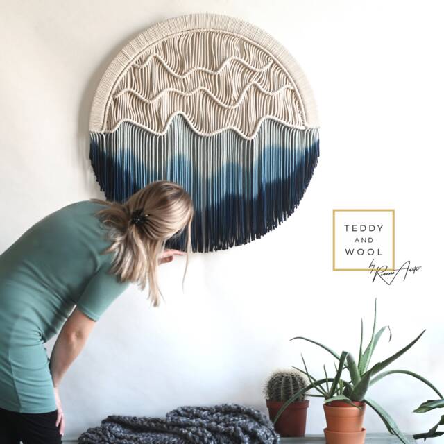 "Round Macrame Wall Hanging - Blue Circle Tapestry Dyed Fiber Art ""Neptune" - image 1