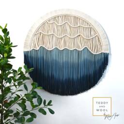 "Round Macrame Wall Hanging - Blue Circle Tapestry Dyed Fiber Art ""Neptune" - thumbnail 2