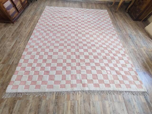 Handmade Checkerboard Wool Rug, Ivory & Pink Moroccan Berber Style - image 1