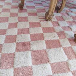 Handmade Checkerboard Wool Rug, Ivory & Pink Moroccan Berber Style - thumbnail 2