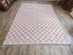 Handmade Checkerboard Wool Rug, Ivory & Pink Moroccan Berber Style - thumbnail 1