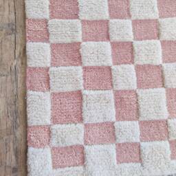 Handmade Checkerboard Wool Rug, Ivory & Pink Moroccan Berber Style - thumbnail 3