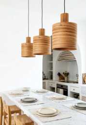 Set Of 3 Kitchen Island Wood Pendant Light Mid Century Chandelier