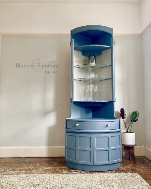 Tall Mid Century Modern Nathan Corner Drinks Cabinet - Soapstone Grey Bar Unit, Glass Shelves - image 1