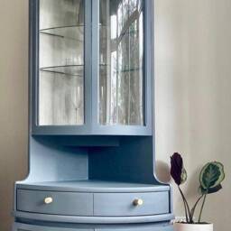 Tall Mid Century Modern Nathan Corner Drinks Cabinet - Soapstone Grey Bar Unit, Glass Shelves - thumbnail 2