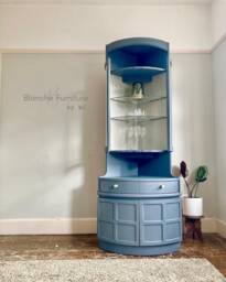Tall Mid Century Modern Nathan Corner Drinks Cabinet - Soapstone Grey Bar Unit, Glass Shelves