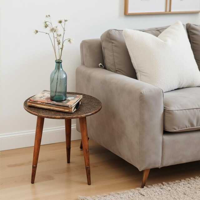 Handcrafted Mango Wood Side Table Embossed Copper Finish, Detachable Legs - image 1