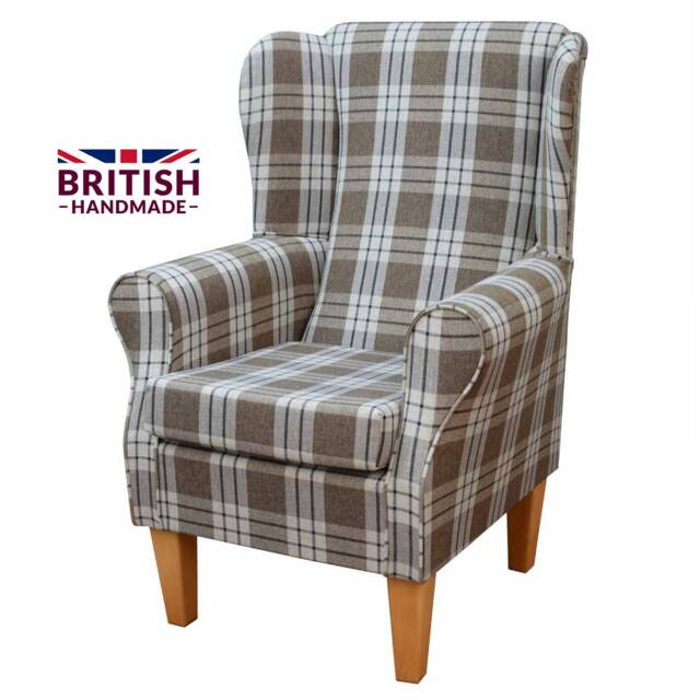Handmade Brown Plaid Wingback Chair Kintyre Tartan Fireside Accent - image 1
