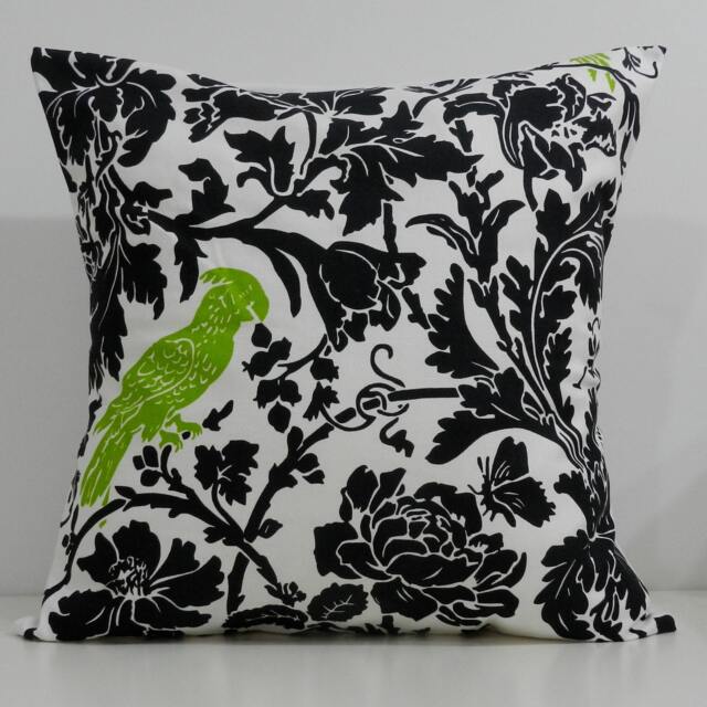 New 18x18 Inch Designer Handmade Pillow Case. Black Floral With Green Bird