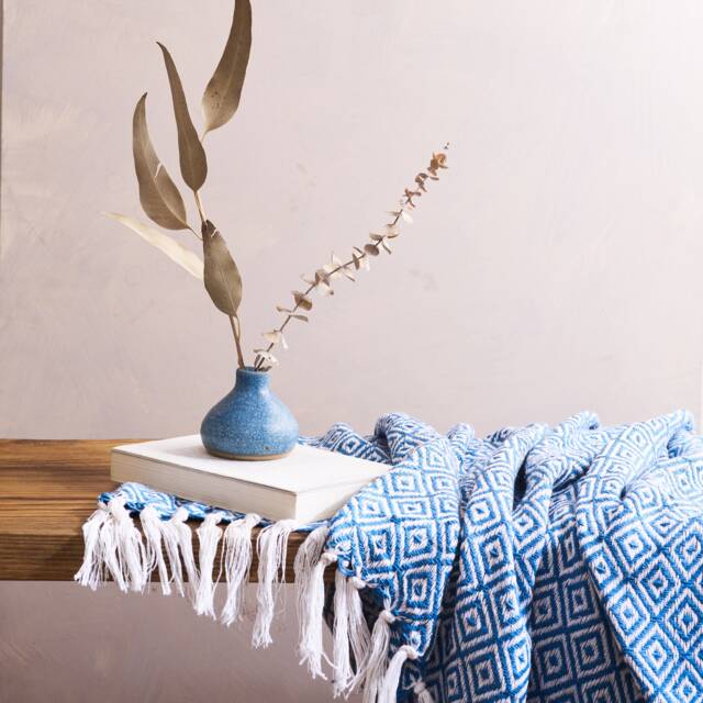 Soft Blue & White Boho Cotton Throw Blanket, Geometric Woven Design, Handmade With 100%